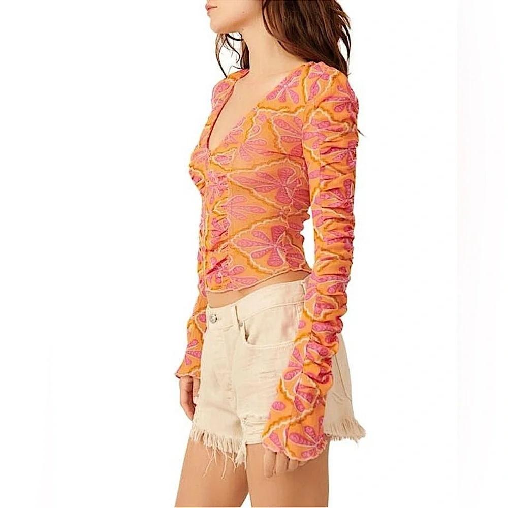 Free People NEW Through the Meadow Mesh Ruched Sleeve Top Size Small Orange/Pink